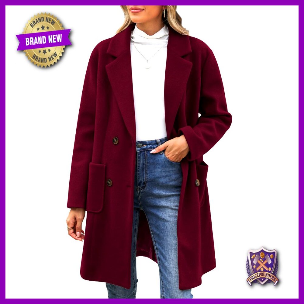 Wool Blend Pea Coat Double Breasted Trench Notch Lapel Classic Elegant